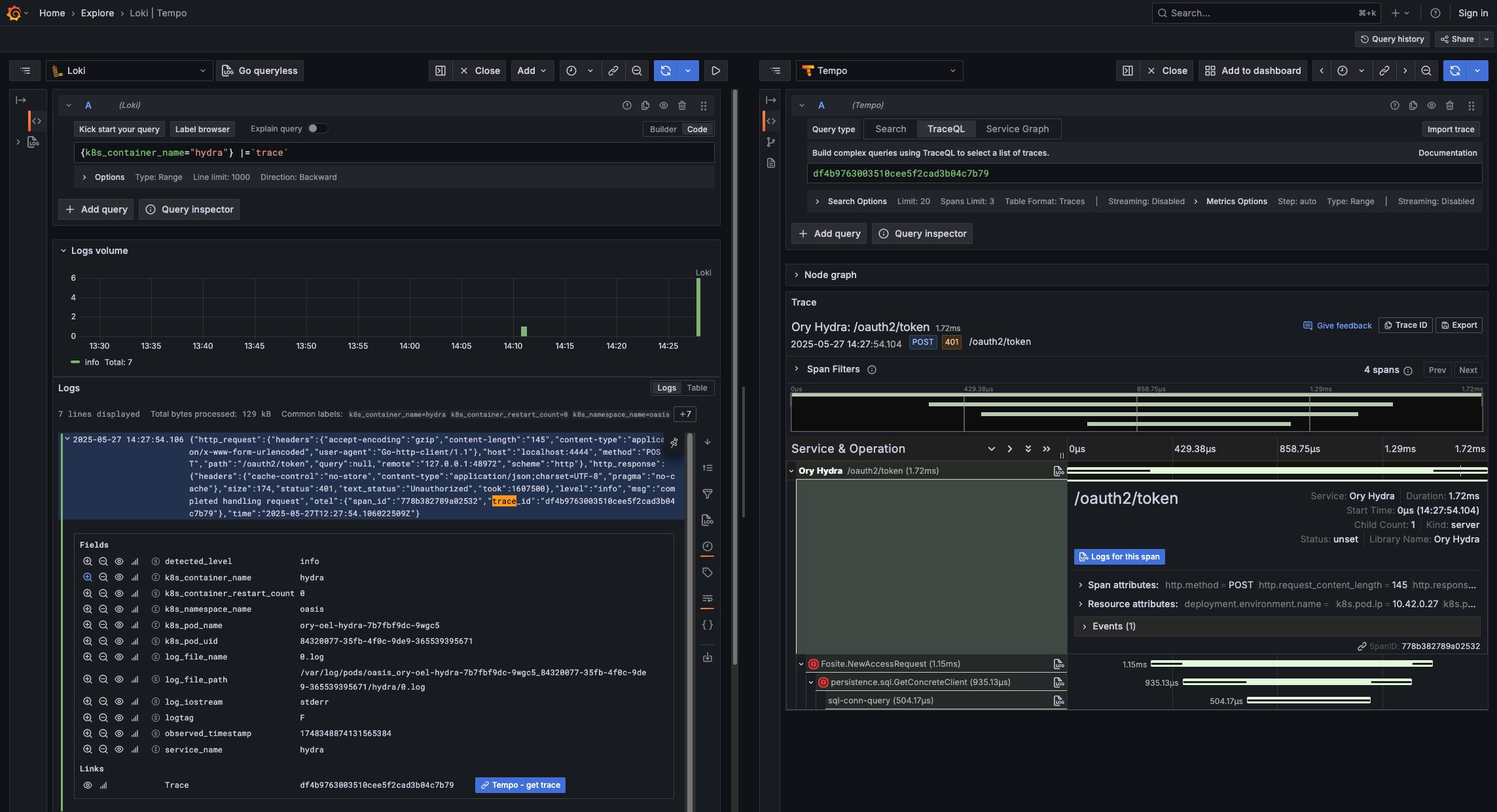 Grafana Explore Mode with a Log and a Trace